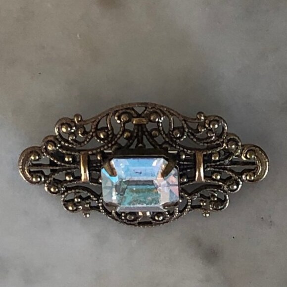 SADIE GREEN Signed Filigree Rectangle Crystal Brooch Pin Vintage - Picture 8 of 15